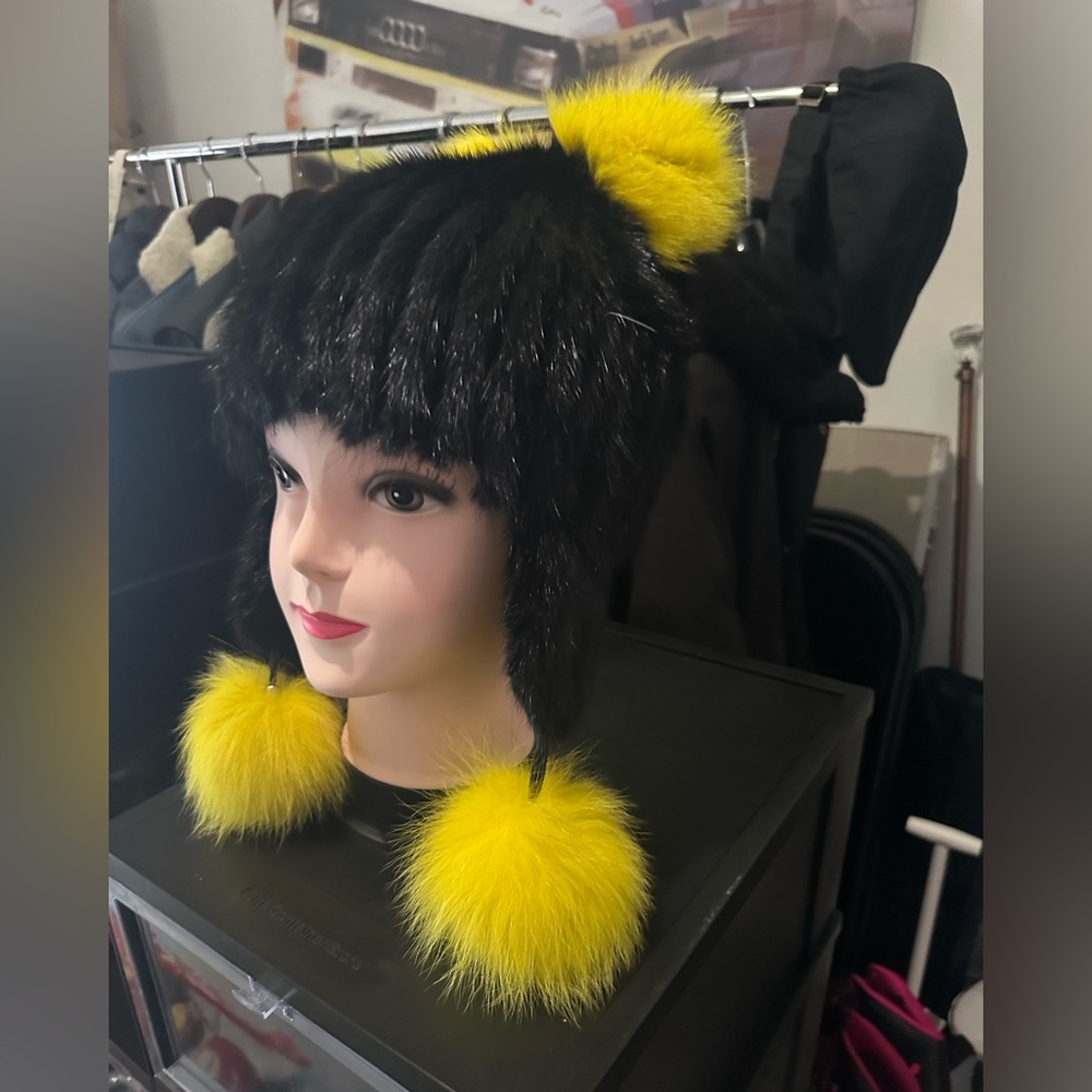 Mink Hat with yellow Pom-Poms – Brand New